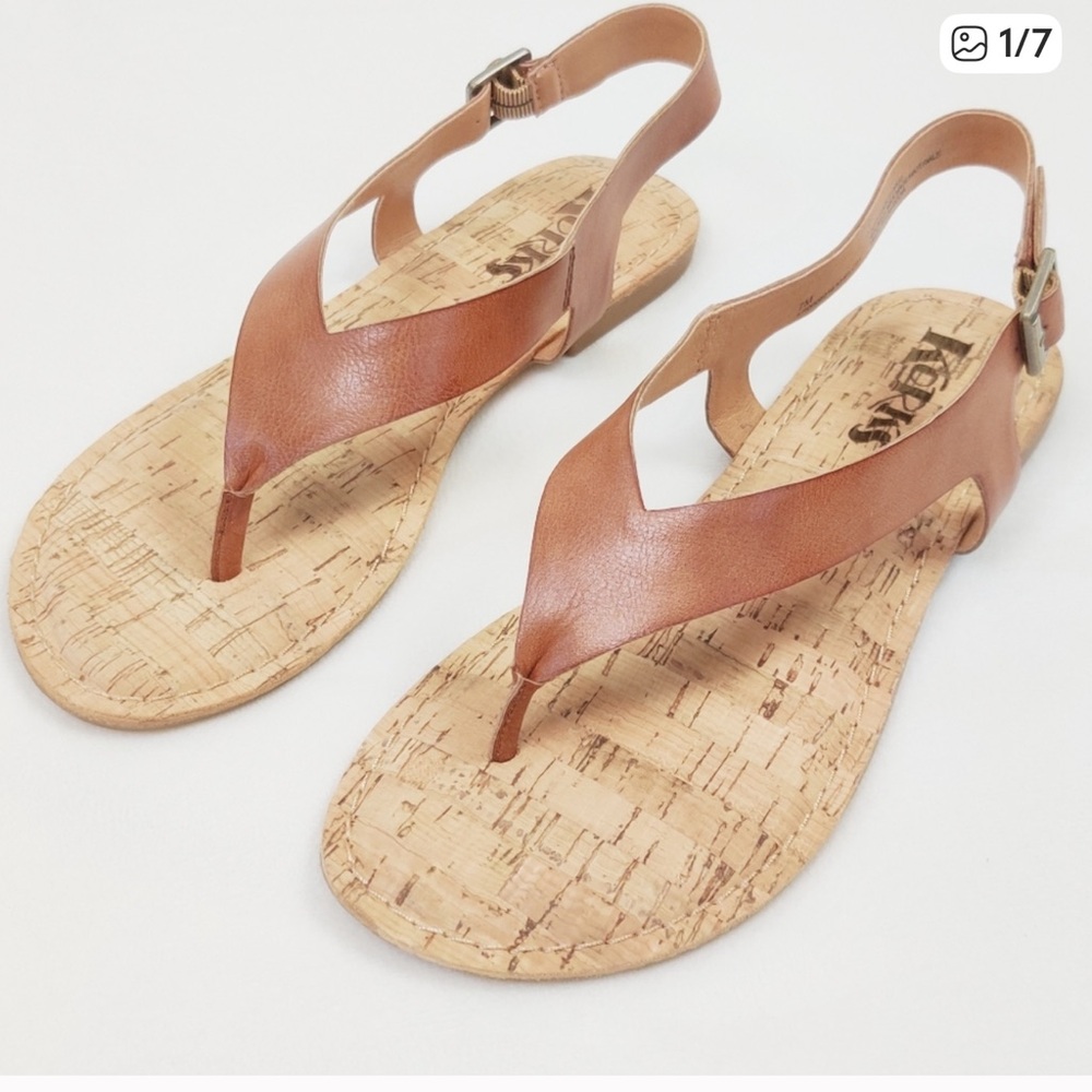 Korks Size 7 Skylar Vegan Thong Sandals Tan Caramel Slingback Strappy Low Heel